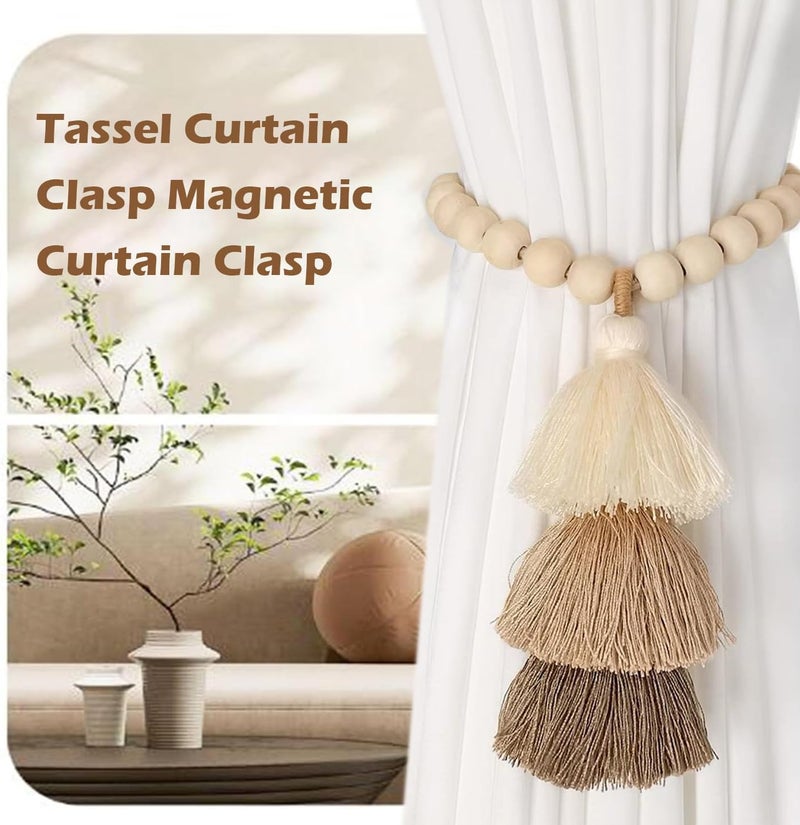 SRG Handmade Magnetic Wooden Bead Curtain Tiebacks 2 PCS | Simple Elegant Magnetic Tassel Curtain Tie Backs | Accessories Wall Decoration | Drapery Tiebacks for Bedroom Window Treatment - Image 2